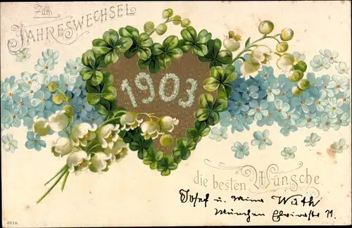 Präge Litho Glückwunsch Neujahr, Jahreszahl 1903, Glücksklee, Maiglöckchen, Vergissmeinnicht