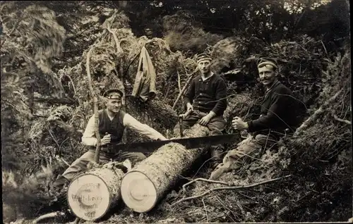 Foto Ak Soldaten beim Holzsägen, Soldatenleben, Säge, Wald, I. WK