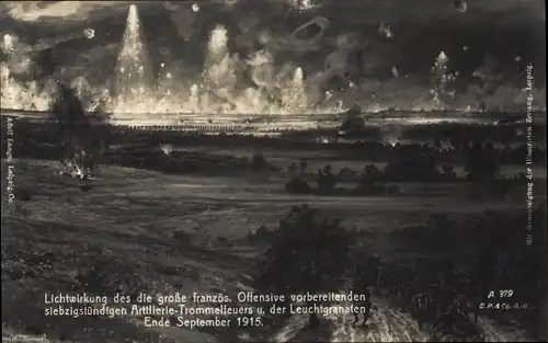 Ak Lichtwirkung des siebzigstündigen Artillerietrommelfeuers, Leuchtgranaten, Sept 1915,I. WK