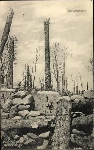 Ak Partie im Schützengraben, Säcke, Holzstücke