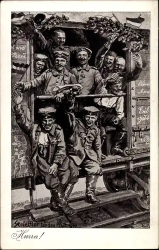 Künstler Ak Strieffler, Hurra, Deutsche Soldaten fahren aus, Eisenbahnwaggon, I. WK