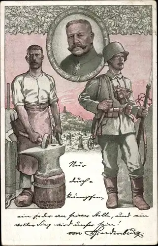 Künstler Ak Flechtner, Otto, Generalfeldmarschall von Hindenburg, Soldat, Schmied, I. WK 1917