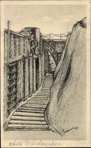 Künstler Ak Partie im Schützengraben, Laufgraben, Kaiserzeit