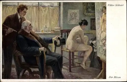 Künstler Ak Schivert, V., Der Mäcen, Nackte Frau, Maler, Portrait