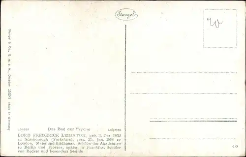 Künstler Ak Leighton, Frederick, Das Bad der Psyche, Frauenakt, Stengel