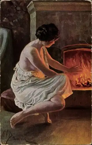 Künstler Ak Damm, A. G., Frau am Feuer, Kamin