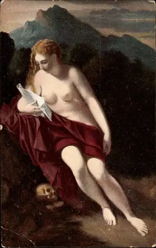 Künstler Ak Werff, A. v., Magdalena, Frau beim Lesen, Schädel, Busen
