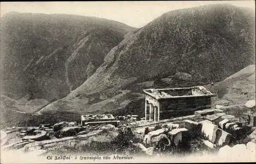 Ak Bei Delfi Griechenland, Delphes, le tresor des Athéniens, Antike Ruinen von Delphi
