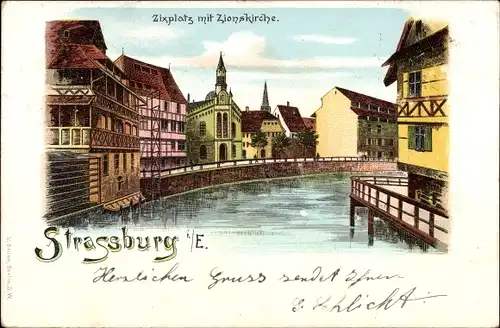 Litho Strasbourg Straßburg Elsass Bas Rhin, Zixplatz mit Zionskirche