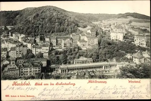 Ak Karlovy Vary Karlsbad Stadt, Blick von der Hubertusburg, Mühlbrunnen, Westend