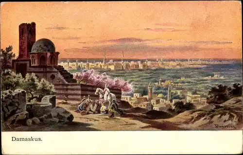 Künstler Ak Perlberg, F., Damaskus Syrien, Panorama der Stadt