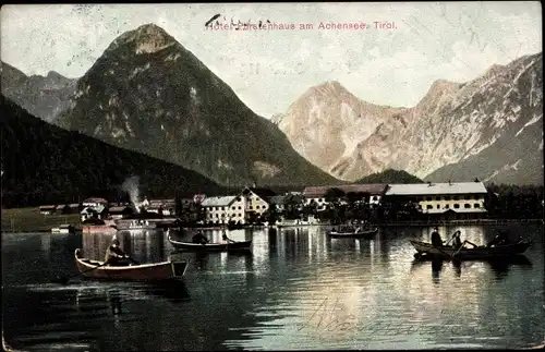 Ak Pertisau Eben am Achensee in Tirol, Hotel Fürstenhaus, Tristenkopf, Sonnenjoch, Ruderboote