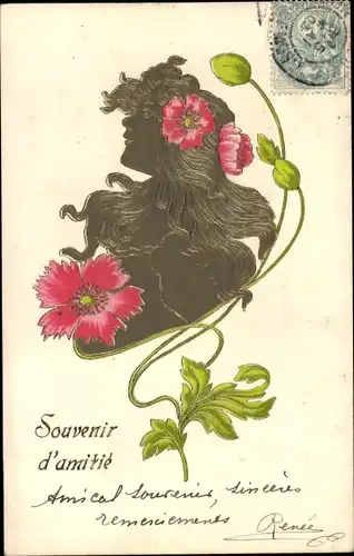 Jugendstil Präge Ak Souvenir d'Amitie, Frauenbildnis, Mohnblüten