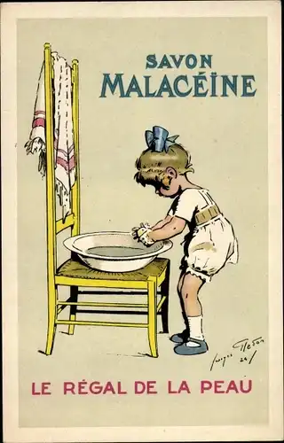 Künstler Ak Savon Malaceine, Le Regal de la Peau, Kind am Waschtisch