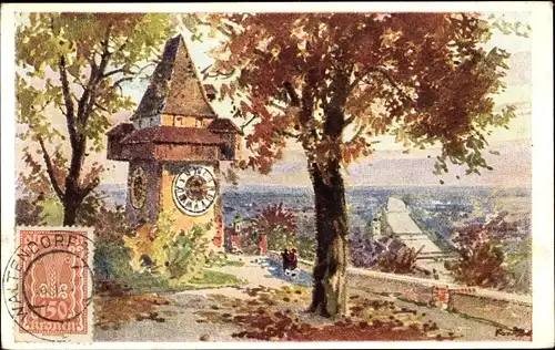 Künstler Ak Konrad, B., Graz Steiermark, Uhrturm am Schlossberg