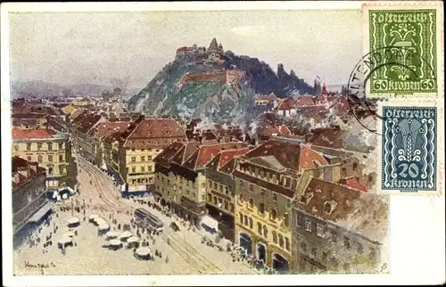 Künstler Ak Konrad, B., Graz Steiermark, Hauptplatz, Sackstraße