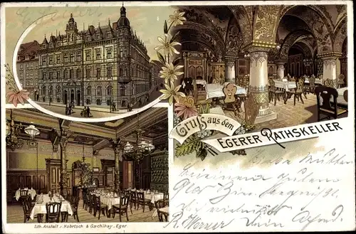 Litho Cheb Eger Reg. Karlsbad, Egerer Ratskeller, Innen und Außenansicht