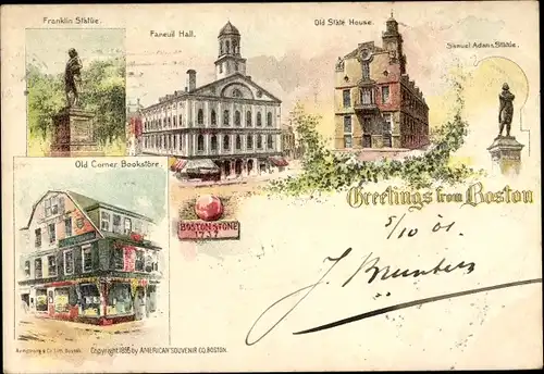 Litho Boston Massachusetts USA, Franklin Statue, Old State House, Old Corner Bookstore