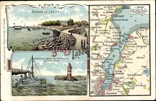 Landkarten Litho Ostseebad Laboe, Panzerschiff, Leuchtturm, Küstenpartie, Kieler Föhrde