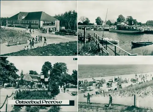 Riesen Ak Ostseebad Prerow auf dem Darß, HO-Gaststätte Dünenhaus, Cafe Strandeck, Hafen