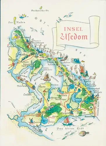 Landkarten Riesen Ak Insel Usedom, Achter-Wasser, Dargen, Insel Görmitz, Peenne