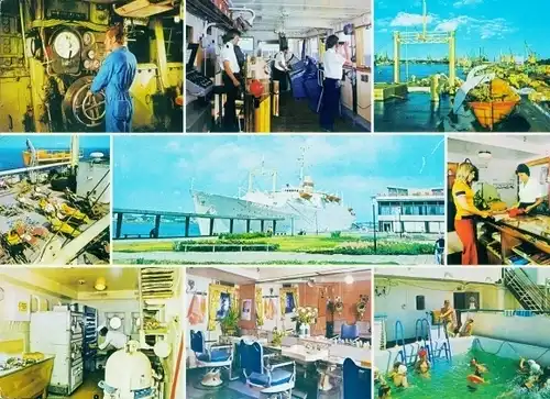 Riesen Ak Schiff MS Völkerfreundschaft, Schwimmbad, Maschinenraum, Küche, Friseur