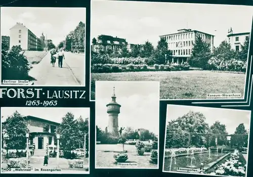 Riesen Ak Forst in der Niederlausitz, Konsum Warenhaus, Berliner Straße, Wasserturm