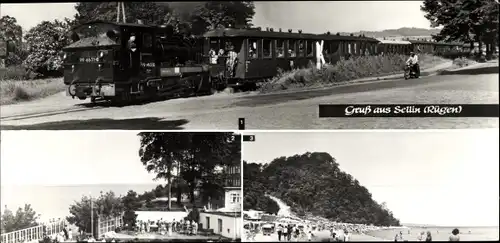 Riesen Ak Ostseebad Sellin auf Rügen, Kleinbahn, Freilichtbühne, Fischerstrand