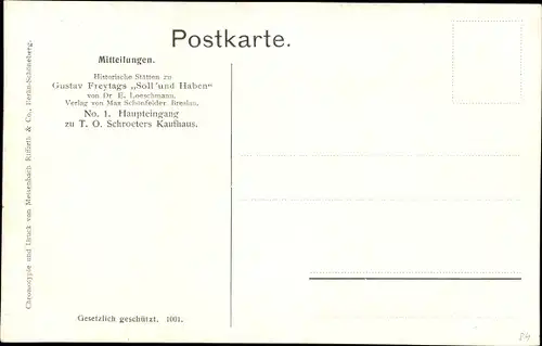 Künstler Ak Loeschmann, E., Wrocław Breslau Schlesien, G. Freytags Soll und Haben, Schroeters Kaufh.
