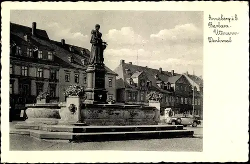 Ak Annaberg Buchholz Erzgebirge, Barbara Uttmann Denkmal, Platz, Auto