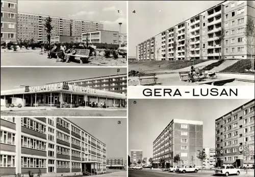 Ak Lusan Gera in Thüringen, Straße der Bauarbeiter, Kaufhalle Süd, Hans-Beimler-Oberschule