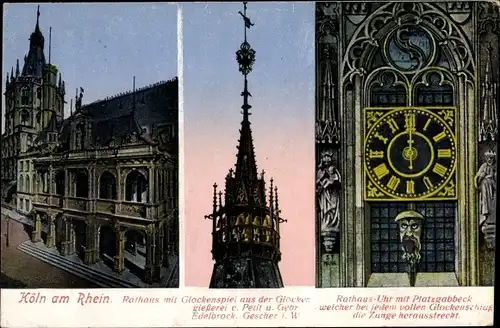 Ak Köln am Rhein, Rathaus mit Glockenspiel, Rathaus Uhr mit Platzgabbeck, Gedicht