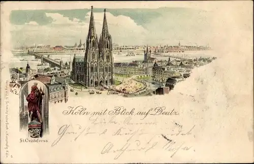 Litho Köln am Rhein, Mit Blick auf Deutz, St. Christoferus, Dom