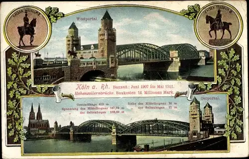 Ak Köln am Rhein, Hohenzollernbrücke, Westportal, Ostportal, Dom
