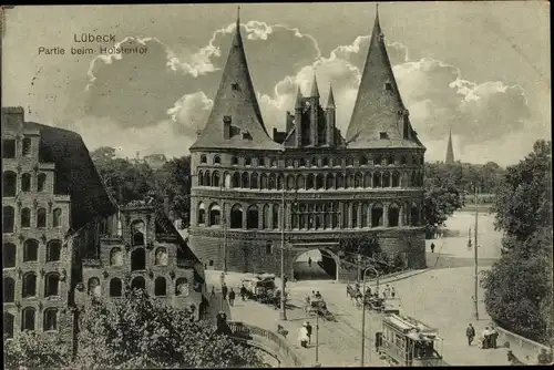 Ak Hansestadt Lübeck, Partie beim Holstentor, Straßenbahn