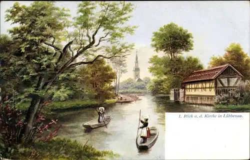 Künstler Ak Lübbenau im Spreewald, Blick an der Kirche in Lübbenau, Boot