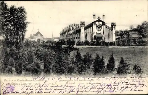 Ak Düsseldorf am Rhein, Kunst- und Gartenbau-Ausstellung 1904, Blumenhalle und Industriehalle