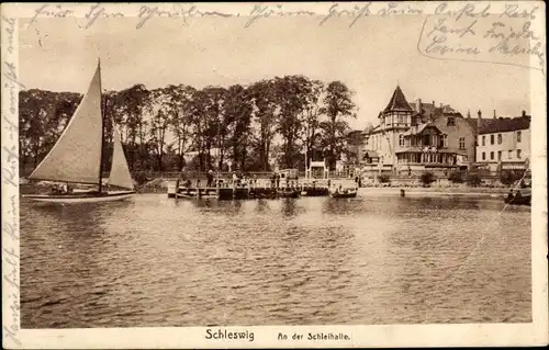 Ak Schleswig an der Schlei, An der Schleihalle, Segelboot