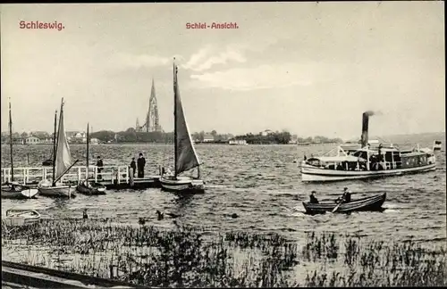 Ak Schleswig, Schlei-Ansicht, Dampfer, Boote, Kirche