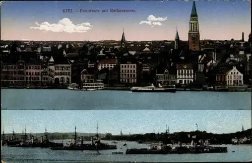 Ak Kiel, Panorama mit Rathausturm, Hafen, Kriegsschiffe