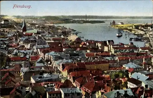 Ak Flensburg in Schleswig Holstein, Luftaufnahme vom Ort, Hafen