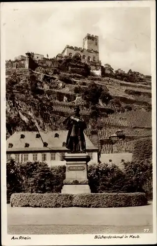 Ak Caub Kaub am Rhein, Blücherdenkmal mit Burg Gutenfels