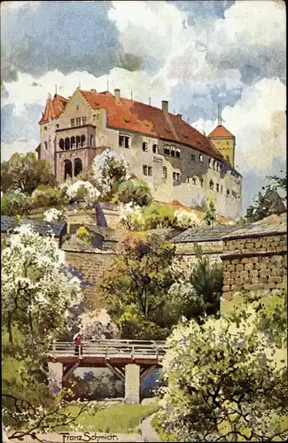 Künstler Ak Schmidt, Franz, Nürnberg, Partie an der Burg, Spaziergängerin im Garten