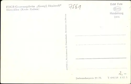 Ak Bärenklau Schenkendöbern Niederlausitz, FDGB-Genesungsheim Georgij Dimitroff