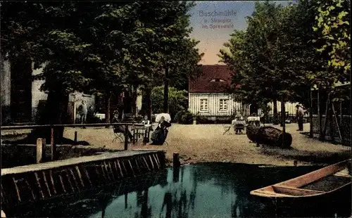 Ak Straupitz im Spreewald, Buschmühle, Boot