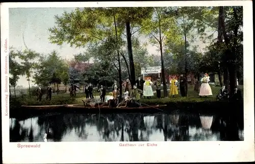 Ak Burg im Spreewald, Gasthaus zur Eiche, See, Spreewälder in Tracht
