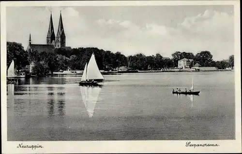 Ak Neuruppin in Brandenburg, Seepanorama, Segelboote, Kirche