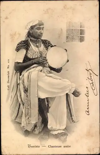 Ak Tunisie, Chanteuse arabe, Araberin mit Tamburin