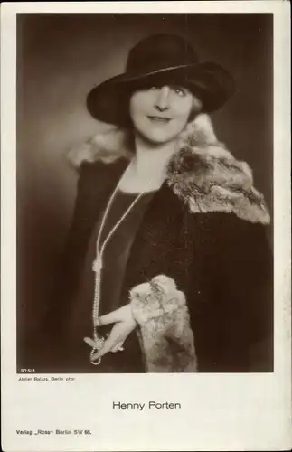 Ak Schauspielerin Henny Porten, Portrait, Hut, Perlen