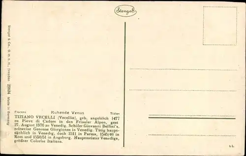 Künstler Ak Tizian, Venere Coricata, liegender Frauenakt, Stengel 29834